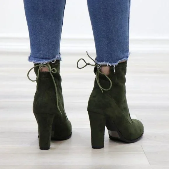 Ankle Heeled Boots High Block Heel Round Toe Olive Green Faux Suede High Shaft - Picture 12 of 15
